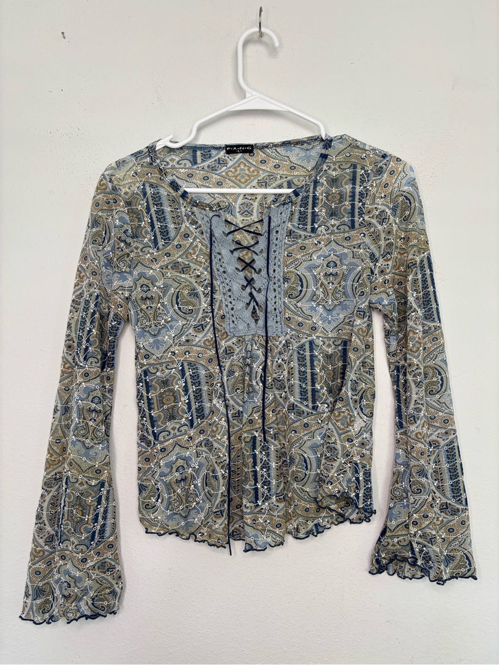 FANG VINTAGE Y2K ETHERIAL PAISLEY PRINTED MESH BLOUSE SZ LARGE